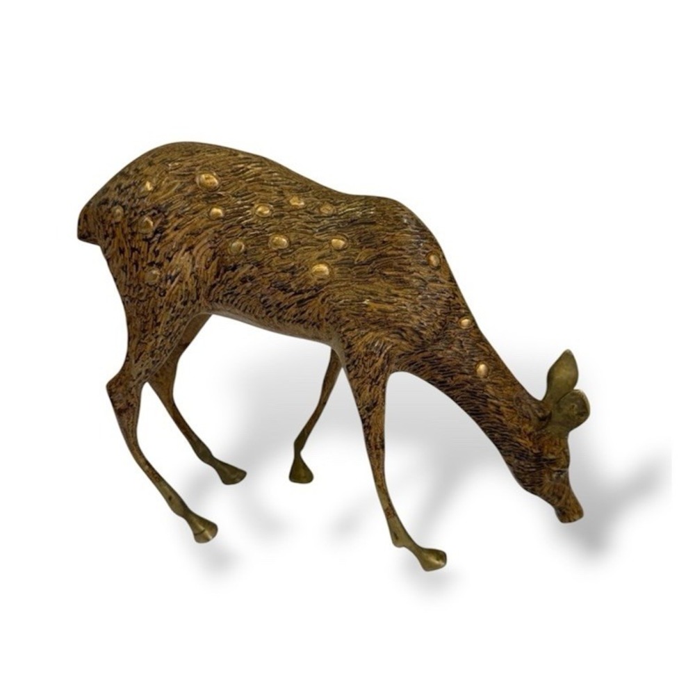 Large 14" Heavy Brass Deer Figure Grazing Doe Mid Century Cabin Decor Rare MCM